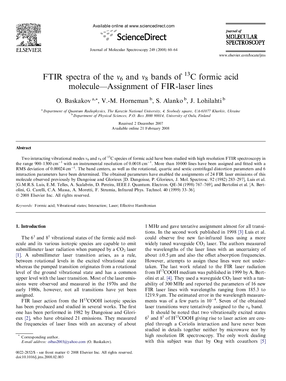 FTIR spectra of the Î½6 and Î½8 bands of 13C formic acid molecule-Assignment of FIR-laser lines