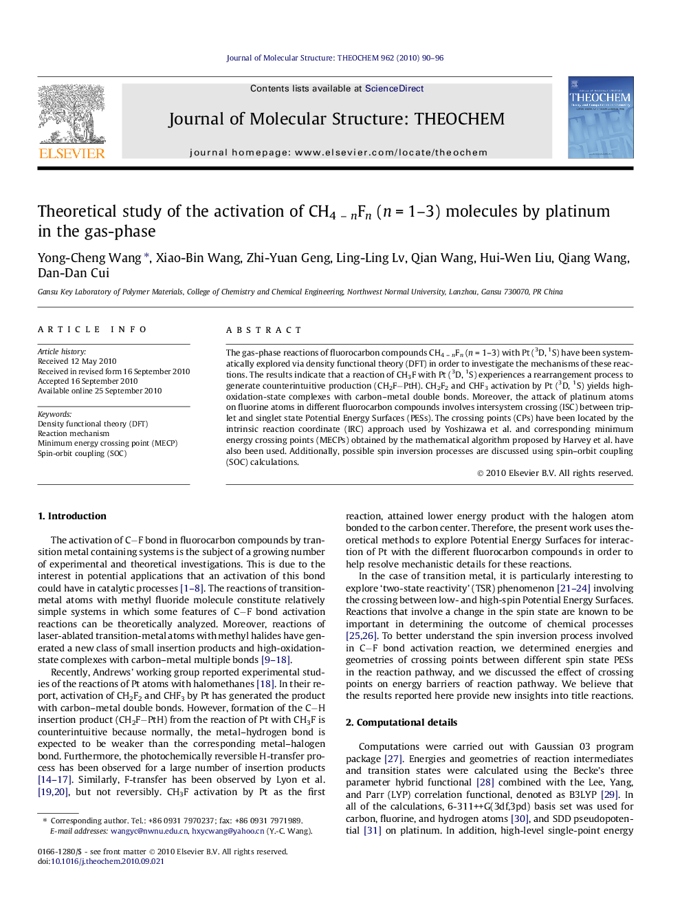 Theoretical study of the activation of CH4Â -Â nFn (nÂ =Â 1-3) molecules by platinum in the gas-phase