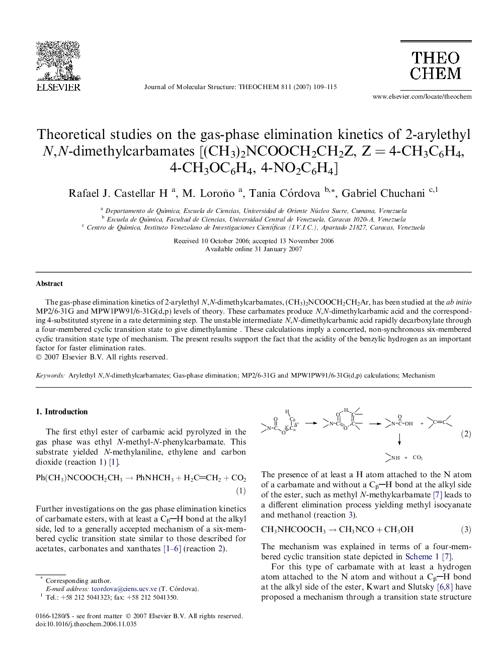 Theoretical studies on the gas-phase elimination kinetics of 2-arylethyl N,N-dimethylcarbamates [(CH3)2NCOOCH2CH2Z, ZÂ =Â 4-CH3C6H4, 4-CH3OC6H4, 4-NO2C6H4]