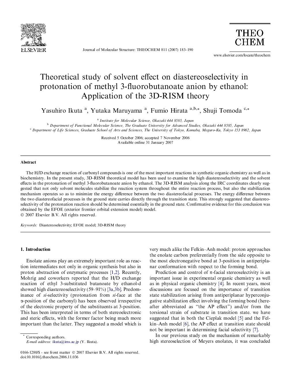 Theoretical study of solvent effect on diastereoselectivity in protonation of methyl 3-fluorobutanoate anion by ethanol: Application of the 3D-RISM theory