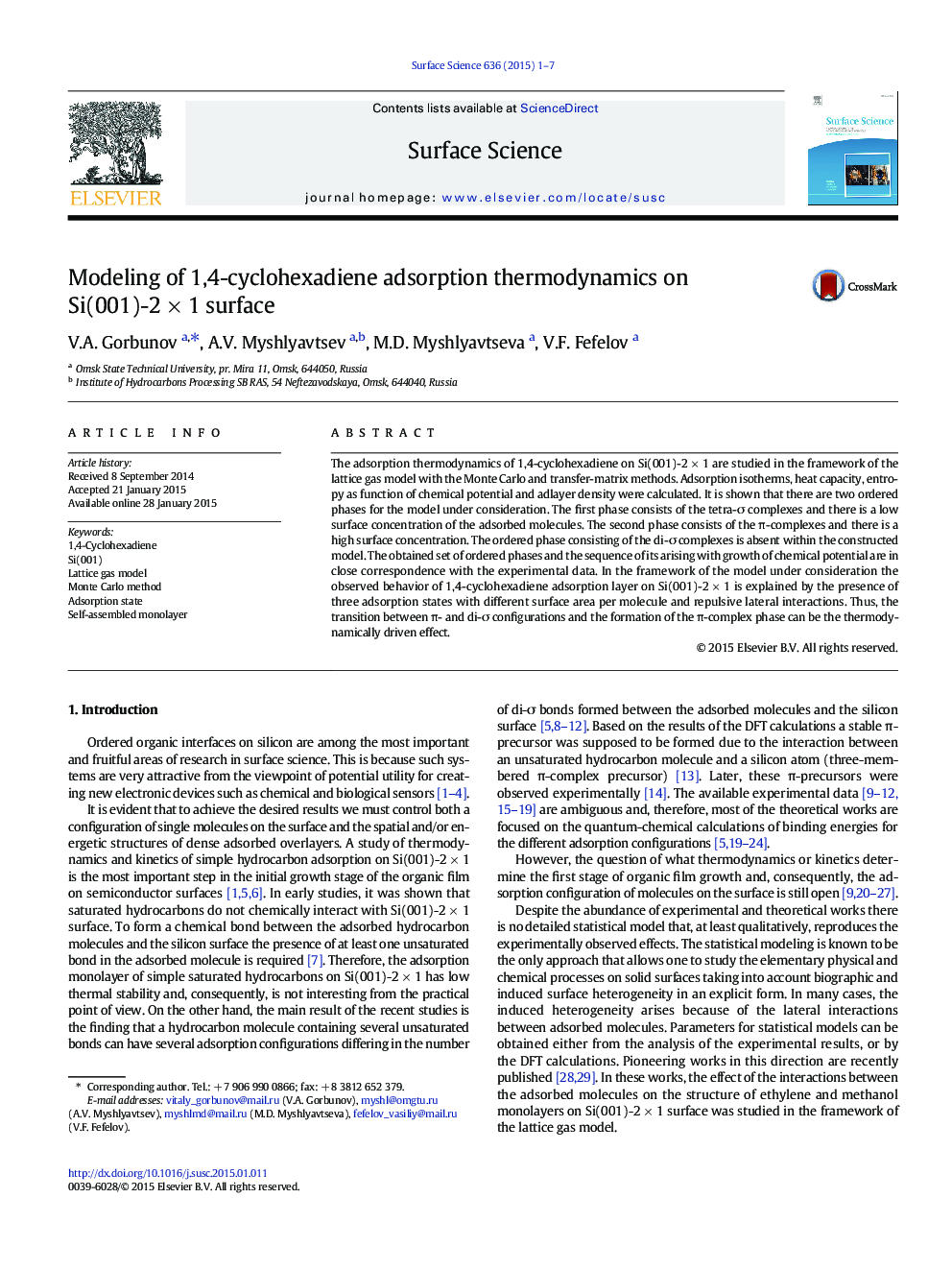 Modeling of 1,4-cyclohexadiene adsorption thermodynamics on Si(001)-2Â ÃÂ 1 surface