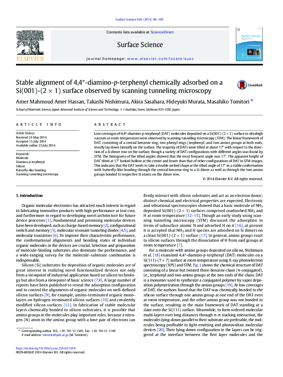 Stable alignment of 4,4â³-diamino-p-terphenyl chemically adsorbed on a Si(001)-(2Â ÃÂ 1) surface observed by scanning tunneling microscopy