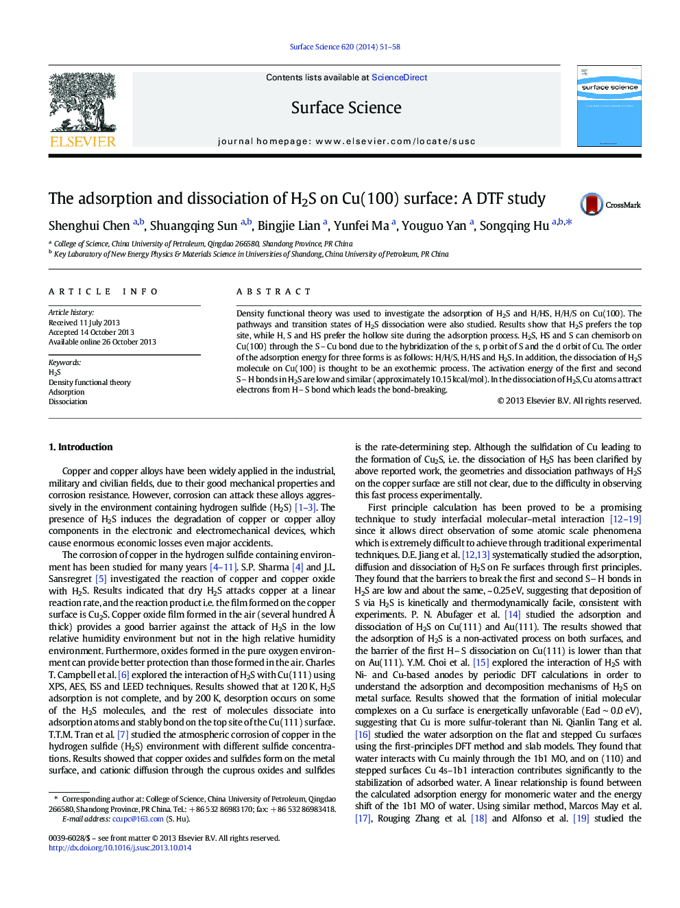 The adsorption and dissociation of H2S on Cu(100) surface: A DTF study