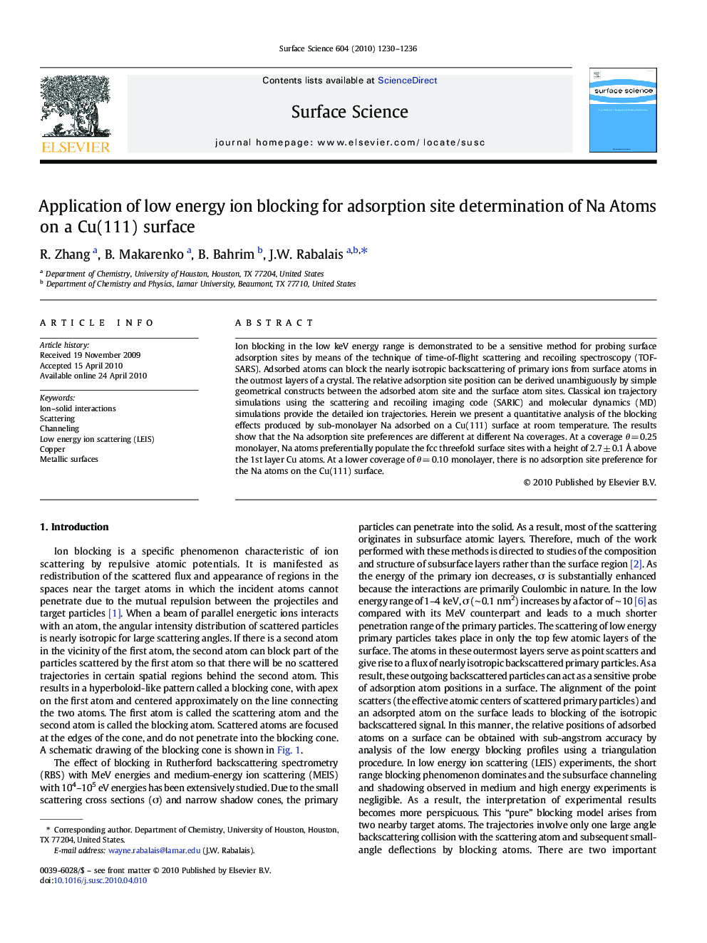 Application of low energy ion blocking for adsorption site determination of Na Atoms on a Cu(111) surface