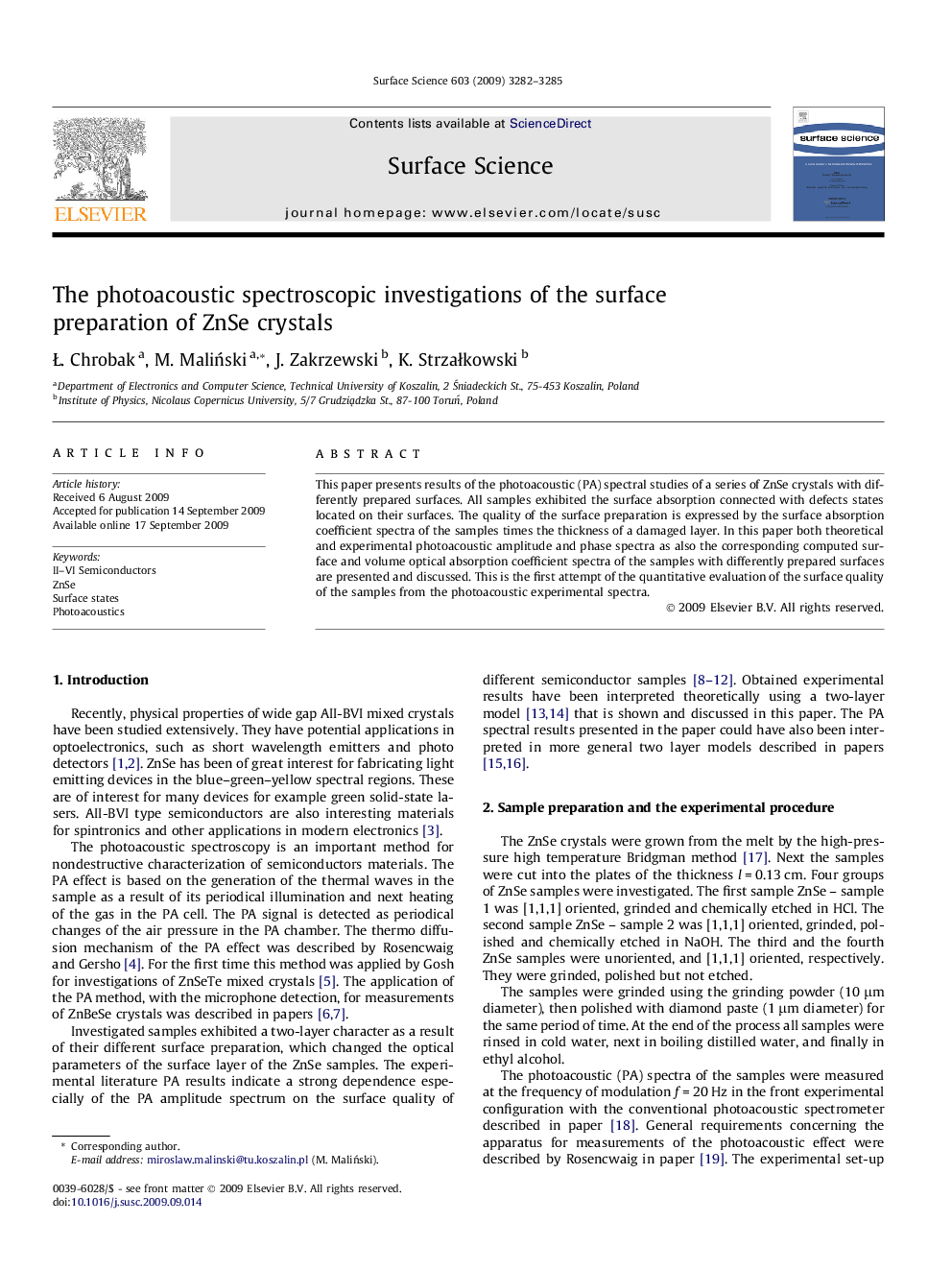 The photoacoustic spectroscopic investigations of the surface preparation of ZnSe crystals