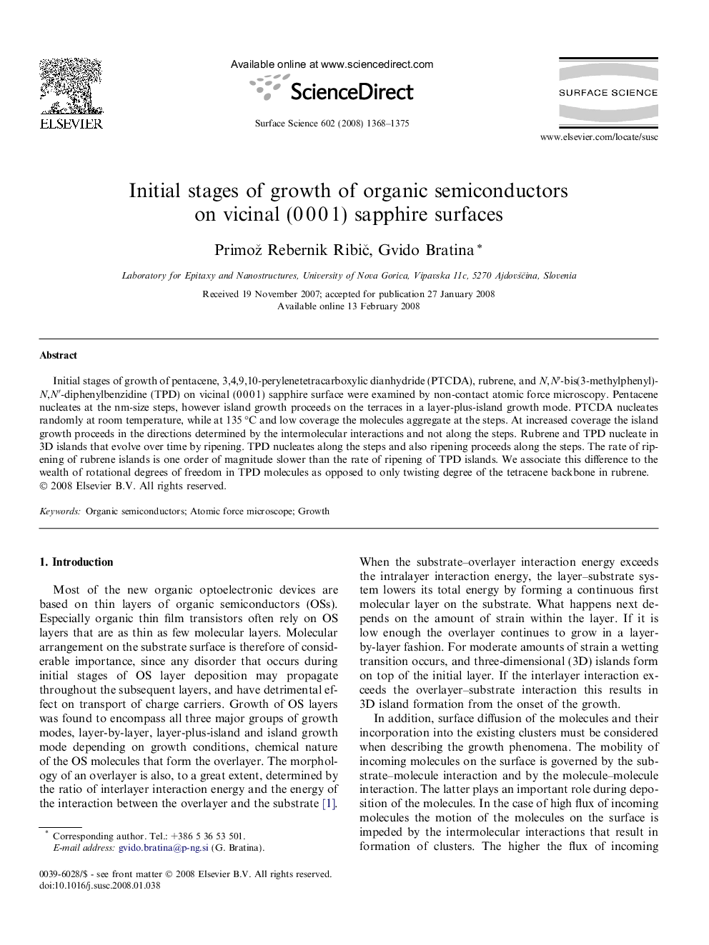 Initial stages of growth of organic semiconductors on vicinal (0Â 0Â 0Â 1) sapphire surfaces