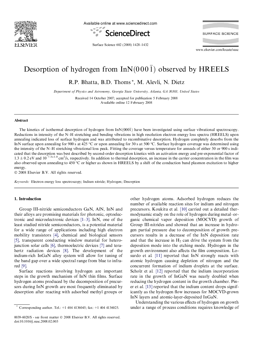 Desorption of hydrogen from InN(0001Â¯) observed by HREELS