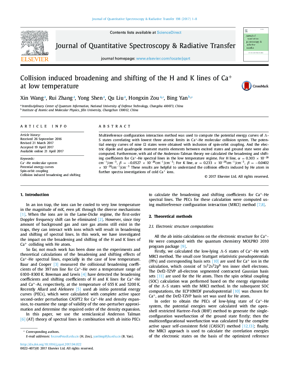 Collision induced broadening and shifting of the H and K lines of Ca+ at low temperature