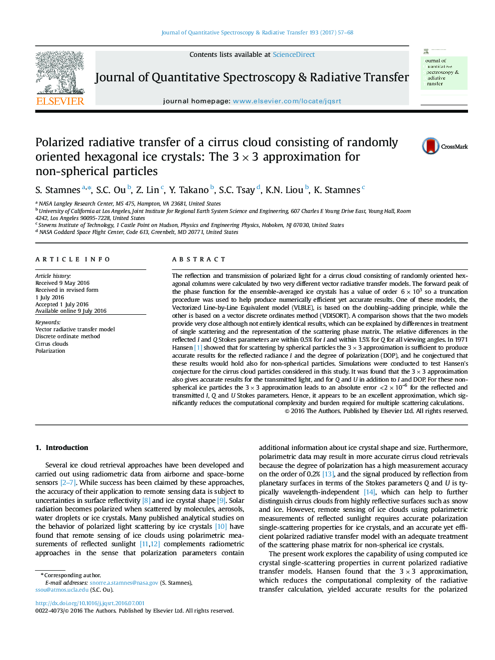 Polarized radiative transfer of a cirrus cloud consisting of randomly oriented hexagonal ice crystals: The 3Ã3 approximation for non-spherical particles