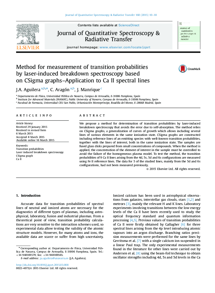 Method for measurement of transition probabilities by laser-induced breakdown spectroscopy based on CSigma graphs-Application to Ca II spectral lines