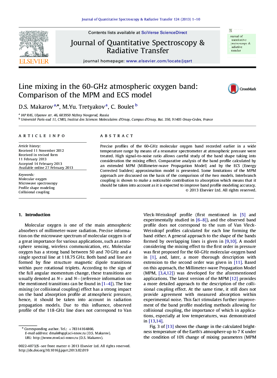 Line mixing in the 60-GHz atmospheric oxygen band: Comparison of the MPM and ECS model