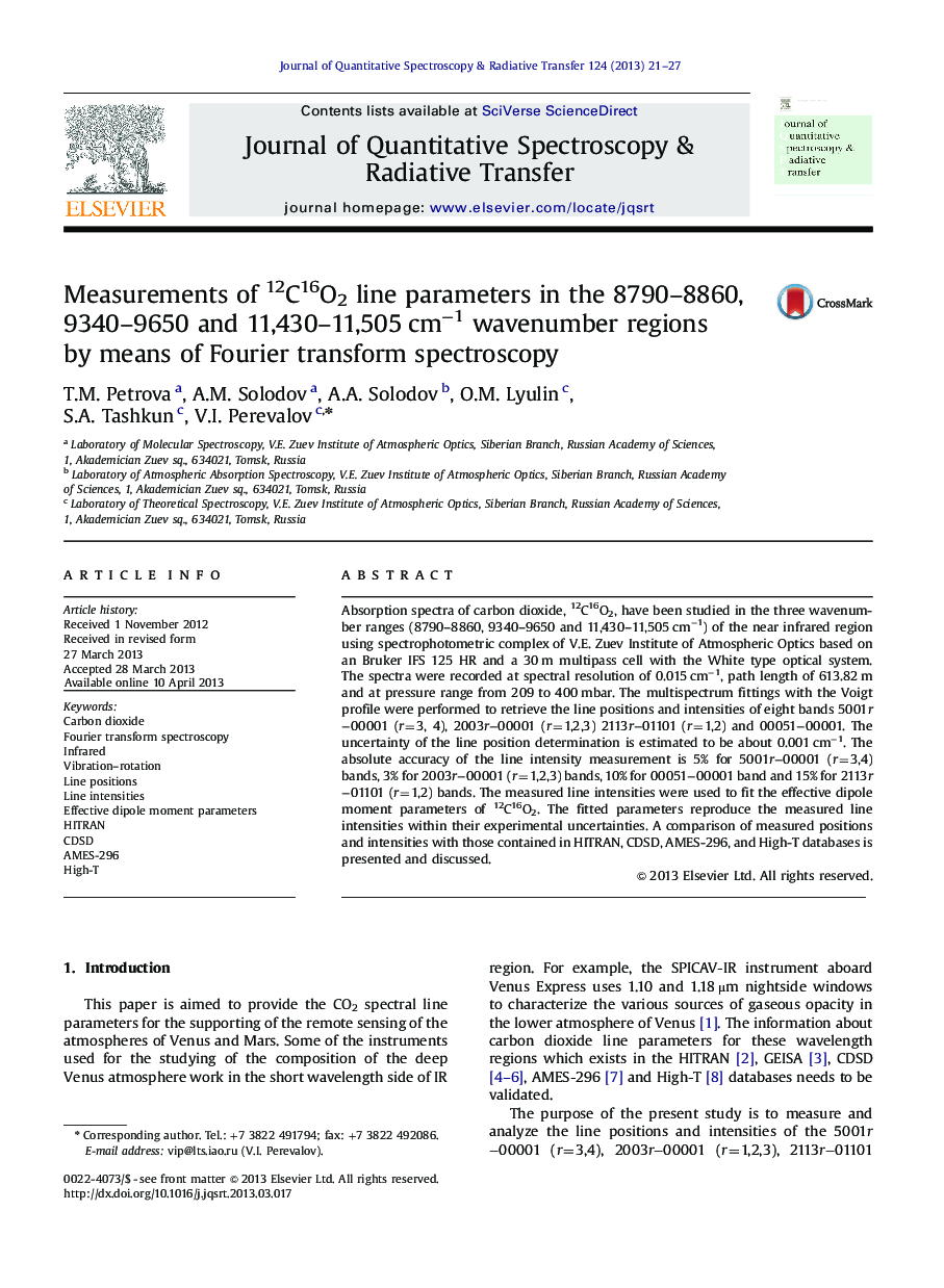 Measurements of 12C16O2 line parameters in the 8790-8860, 9340-9650 and 11,430-11,505 cmâ1 wavenumber regions by means of Fourier transform spectroscopy