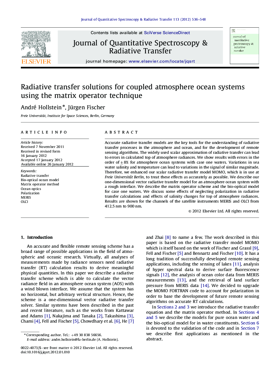 Radiative transfer solutions for coupled atmosphere ocean systems using the matrix operator technique
