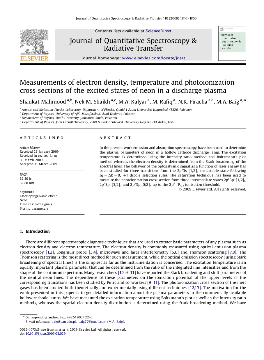 Measurements of electron density, temperature and photoionization cross sections of the excited states of neon in a discharge plasma