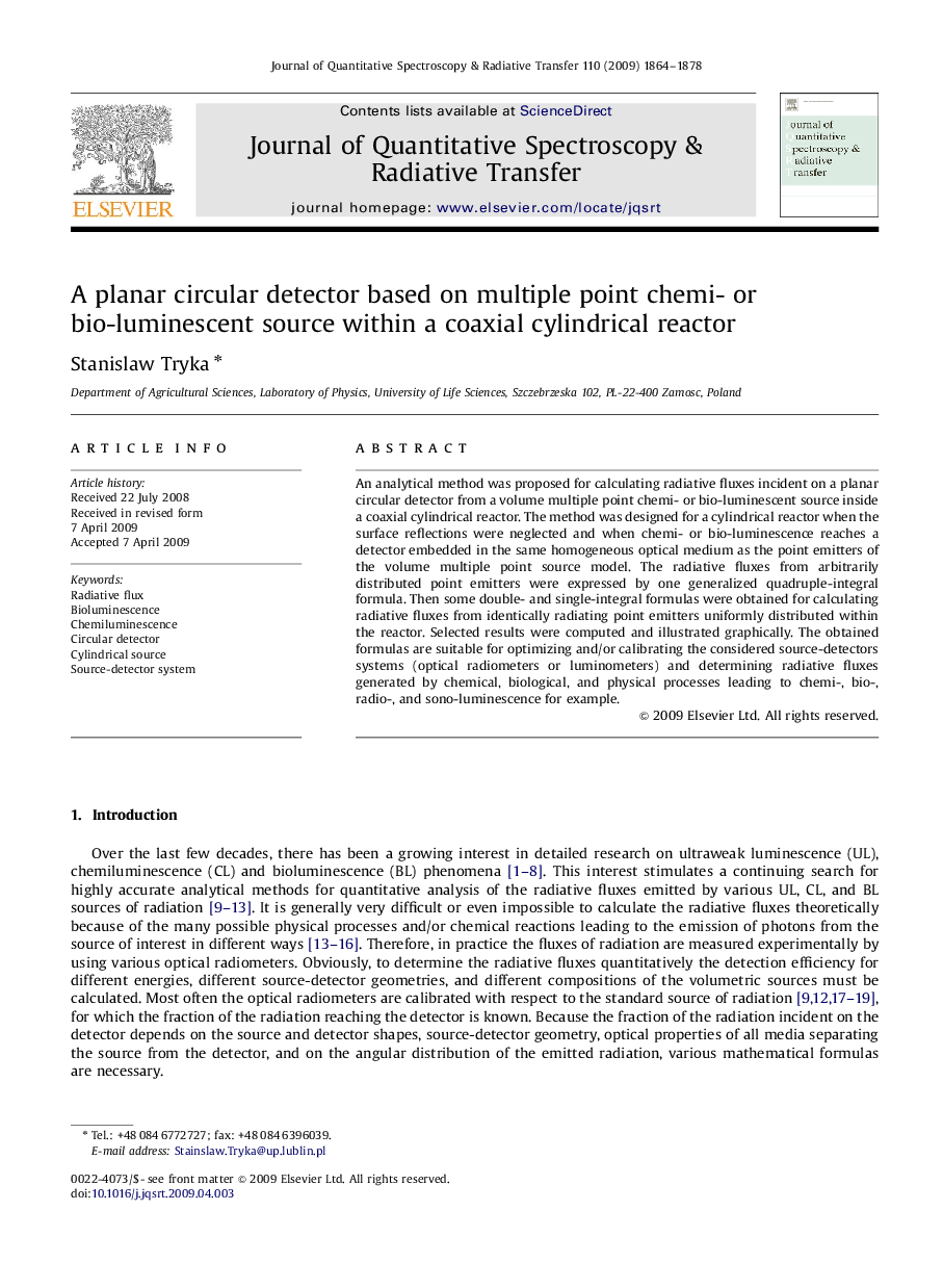 A planar circular detector based on multiple point chemi- or bio-luminescent source within a coaxial cylindrical reactor