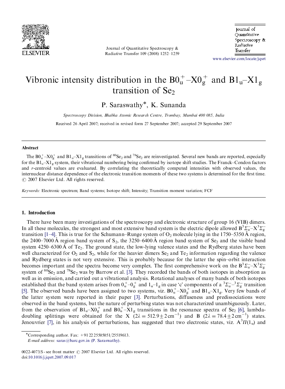 Vibronic intensity distribution in the B0u+-X0g+ and B1u-X1g transition of Se2