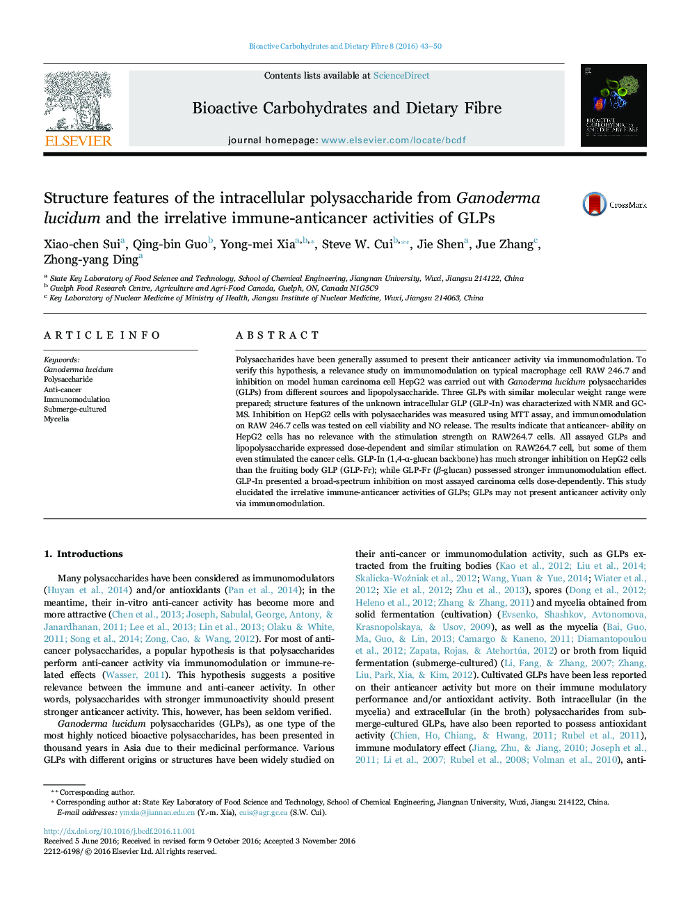 Structure features of the intracellular polysaccharide from Ganoderma lucidum and the irrelative immune-anticancer activities of GLPs