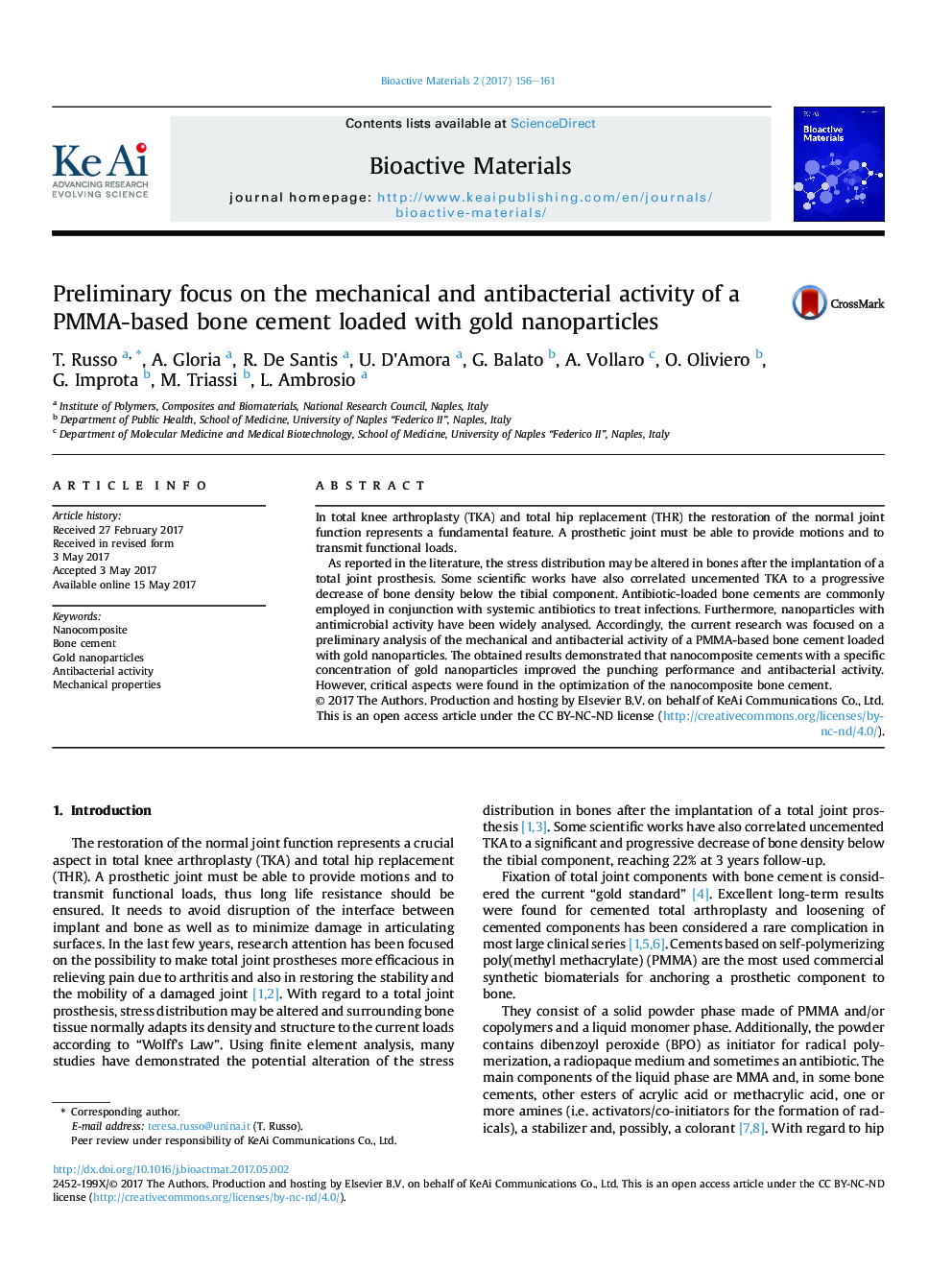 Preliminary focus on the mechanical and antibacterial activity of a PMMA-based bone cement loaded with gold nanoparticles