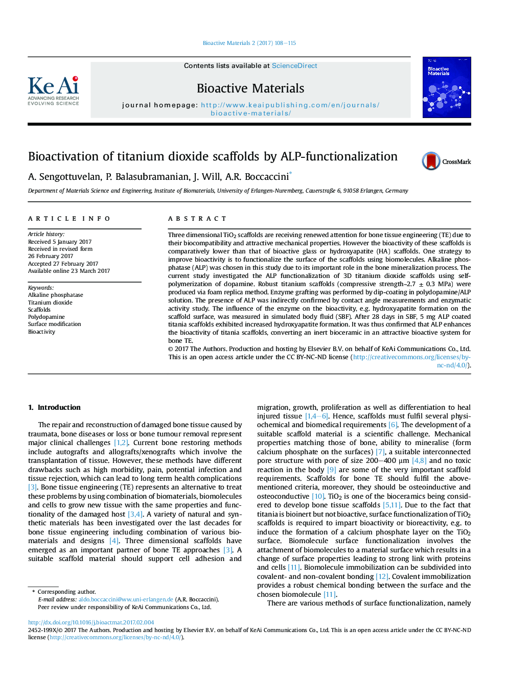 Bioactivation of titanium dioxide scaffolds by ALP-functionalization