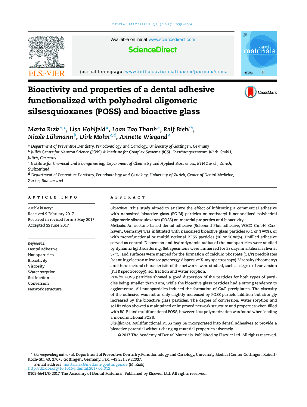 Bioactivity and properties of a dental adhesive functionalized with polyhedral oligomeric silsesquioxanes (POSS) and bioactive glass