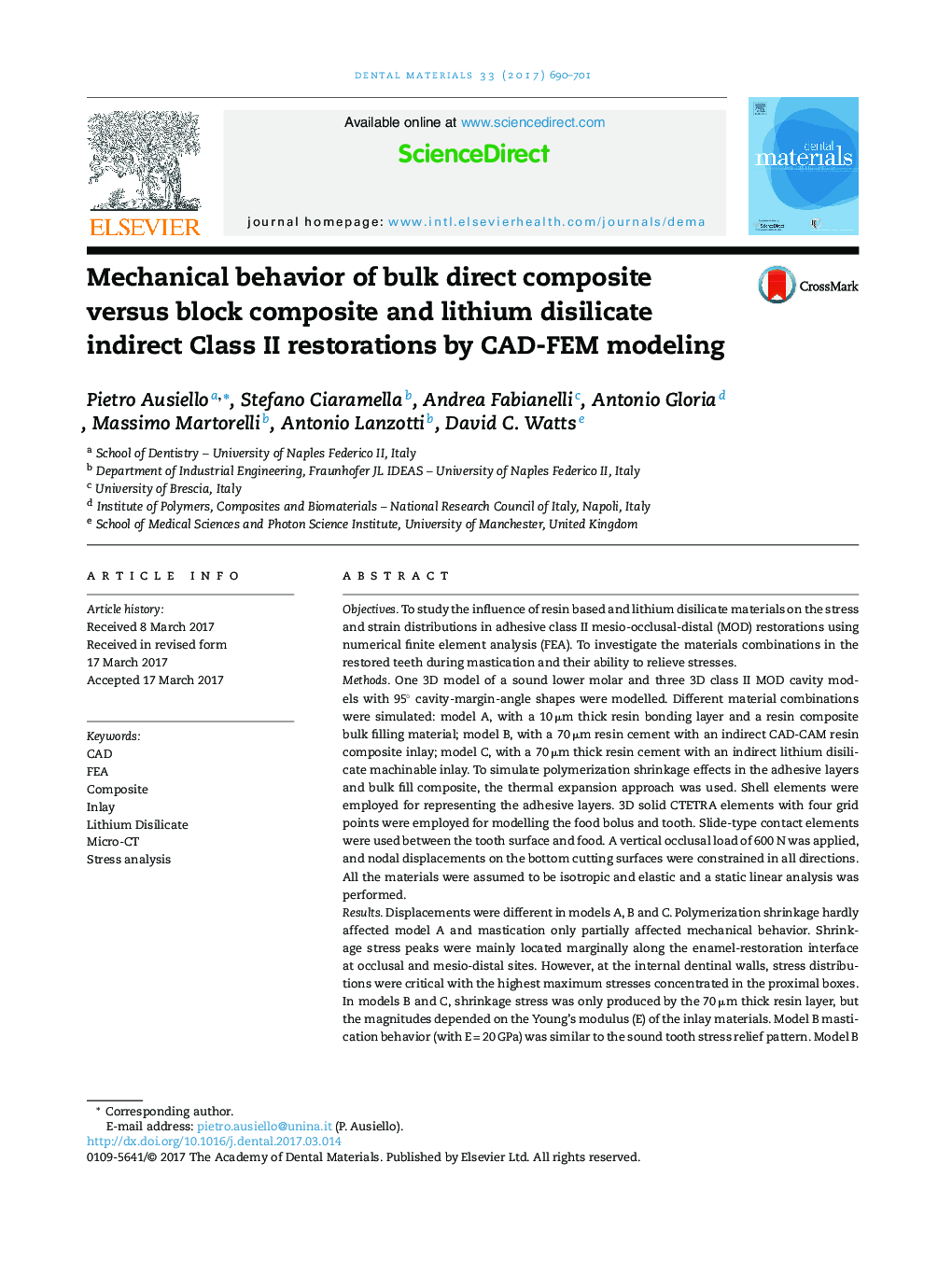 Mechanical behavior of bulk direct composite versus block composite and lithium disilicate indirect Class II restorations by CAD-FEM modeling