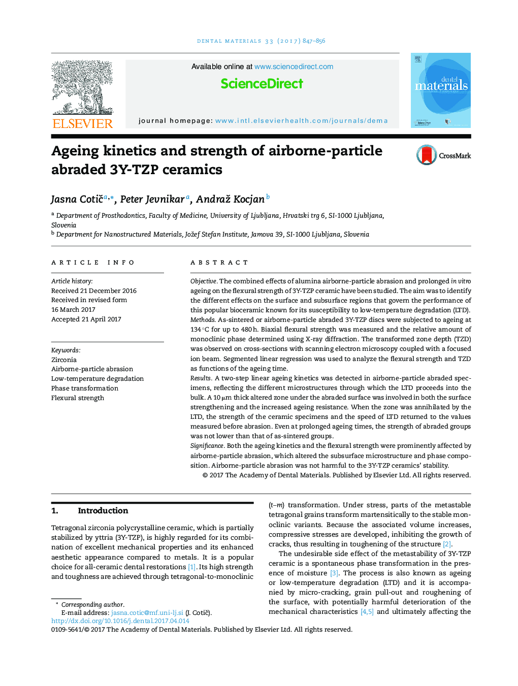 Ageing kinetics and strength of airborne-particle abraded 3Y-TZP ceramics