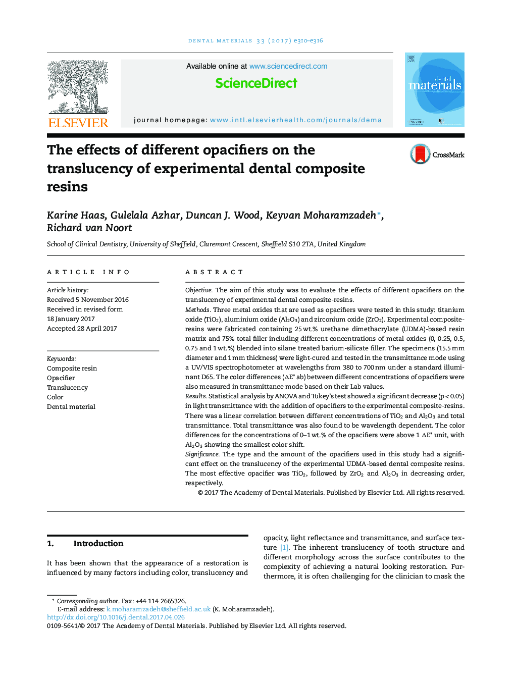 اثرات شفاف کننده های مختلف بر روی شفافیت رزین های کامپوزیتی تجربی دندانپزشکی 
