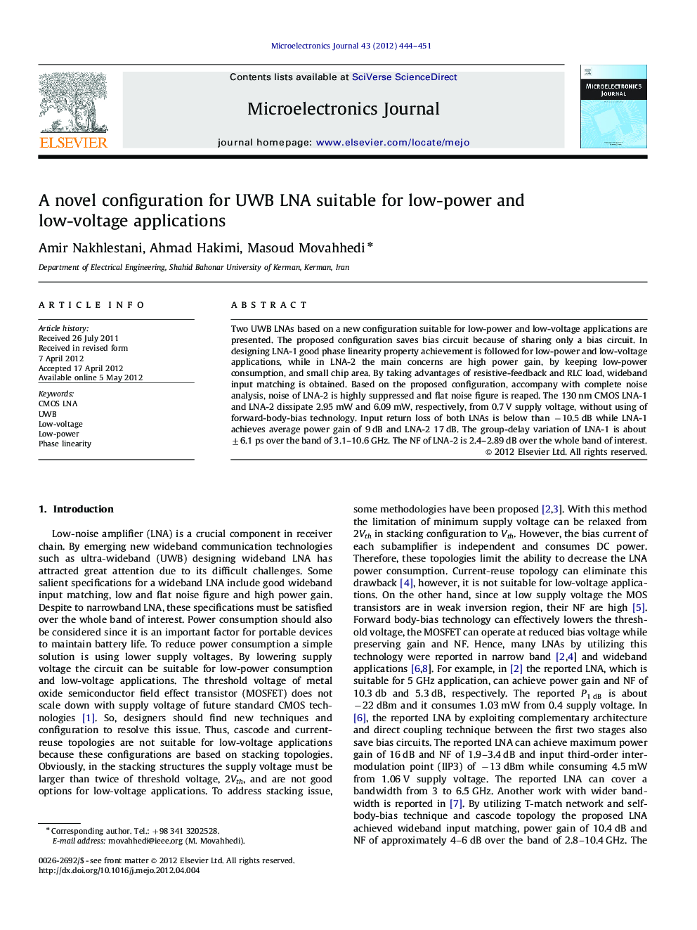 A novel configuration for UWB LNA suitable for low-power and low-voltage applications