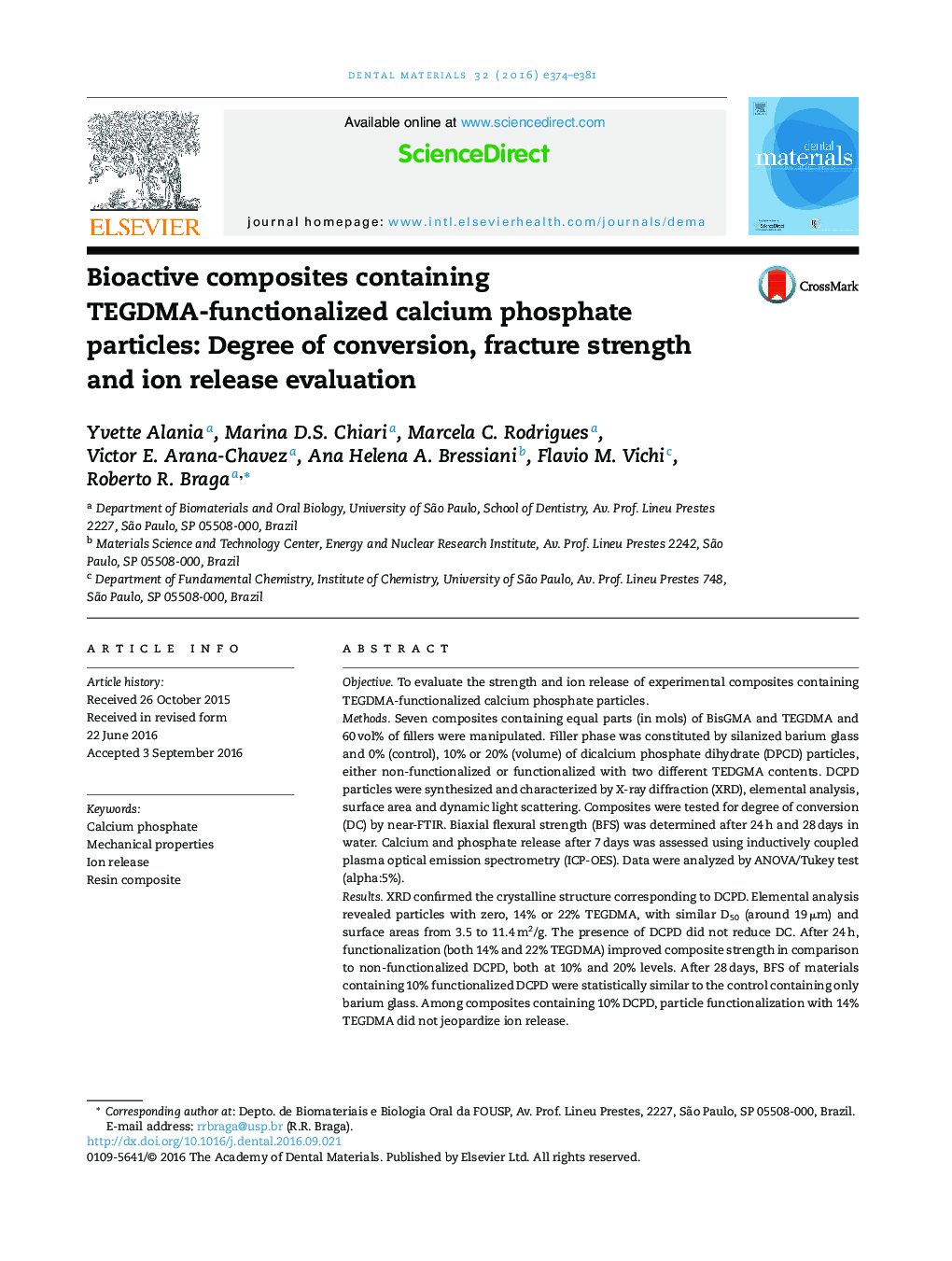 Bioactive composites containing TEGDMA-functionalized calcium phosphate particles: Degree of conversion, fracture strength and ion release evaluation