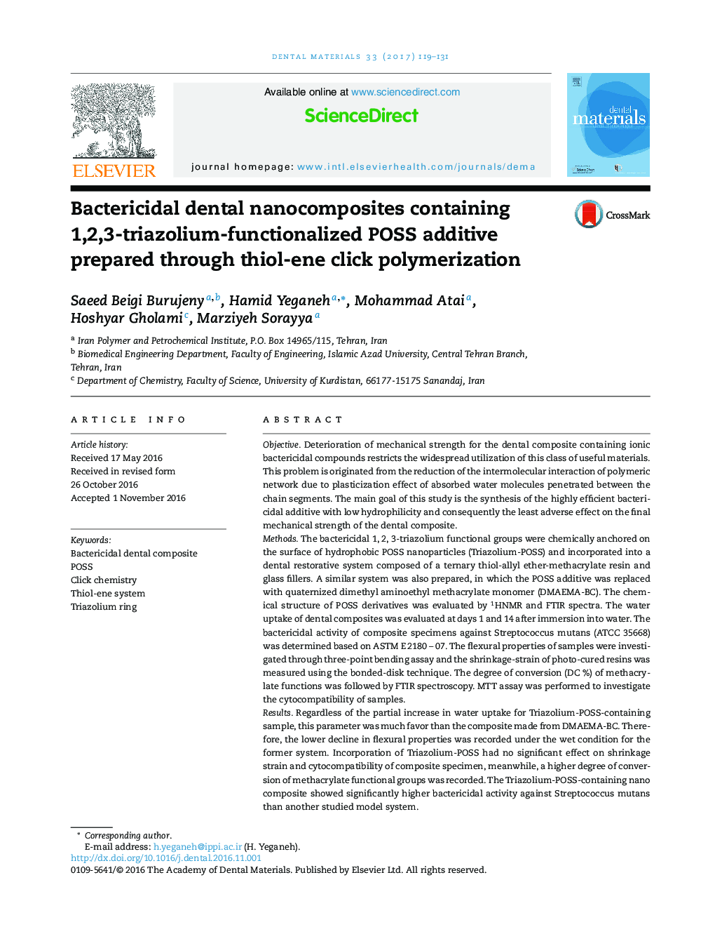 Bactericidal dental nanocomposites containing 1,2,3-triazolium-functionalized POSS additive prepared through thiol-ene click polymerization