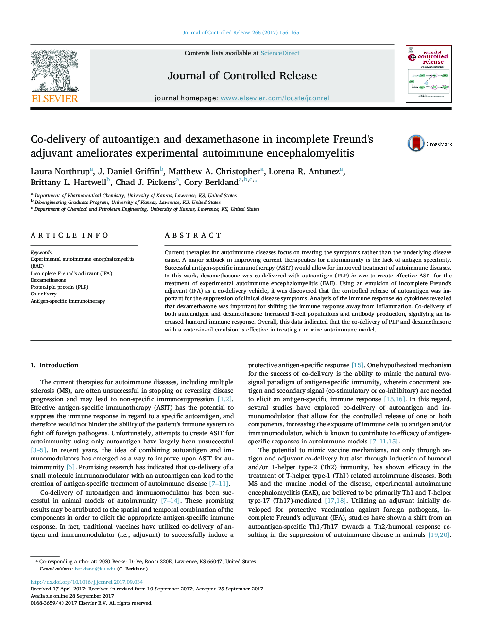 Co-delivery of autoantigen and dexamethasone in incomplete Freund's adjuvant ameliorates experimental autoimmune encephalomyelitis