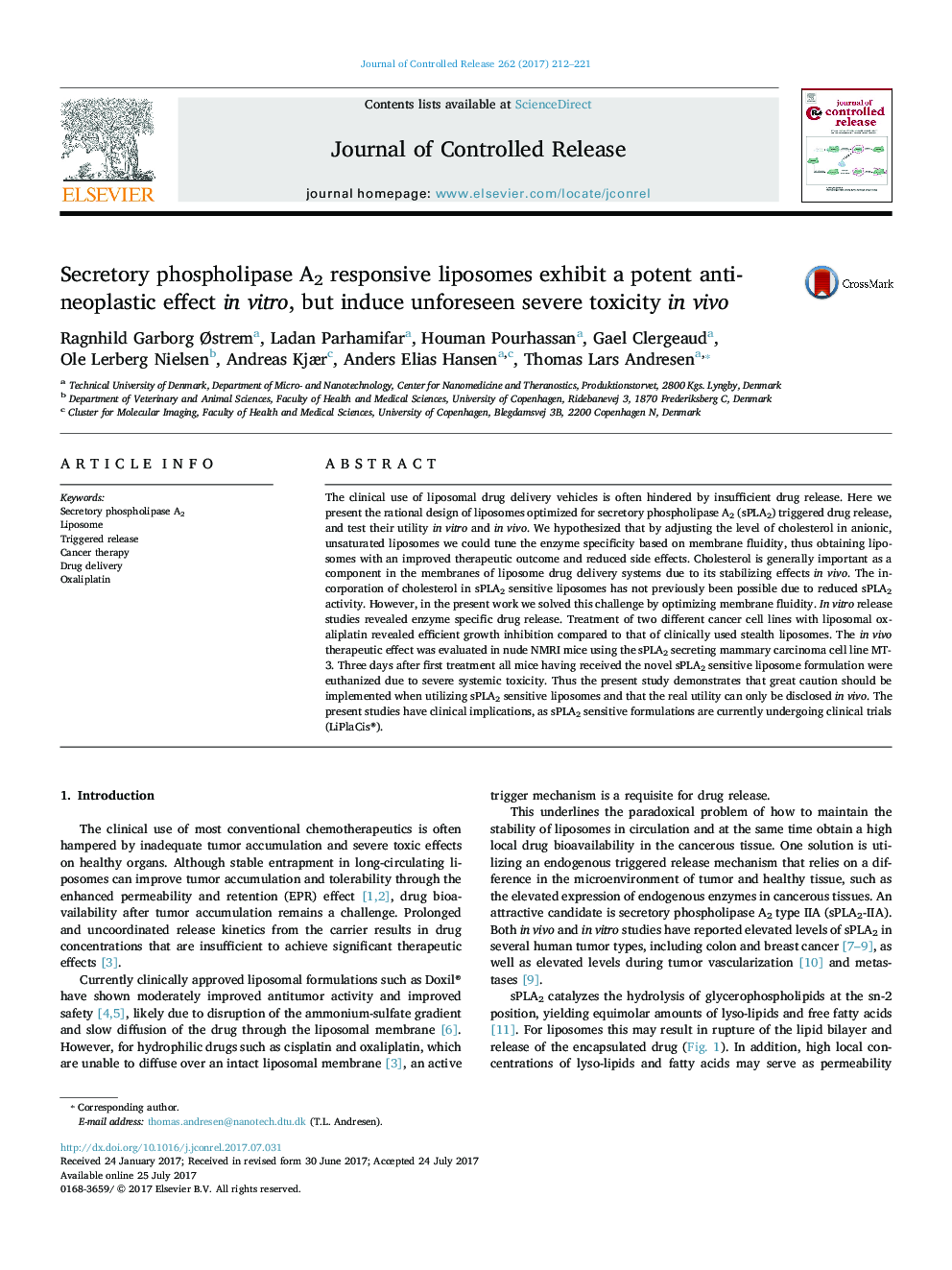 Secretory phospholipase A2 responsive liposomes exhibit a potent anti-neoplastic effect in vitro, but induce unforeseen severe toxicity in vivo