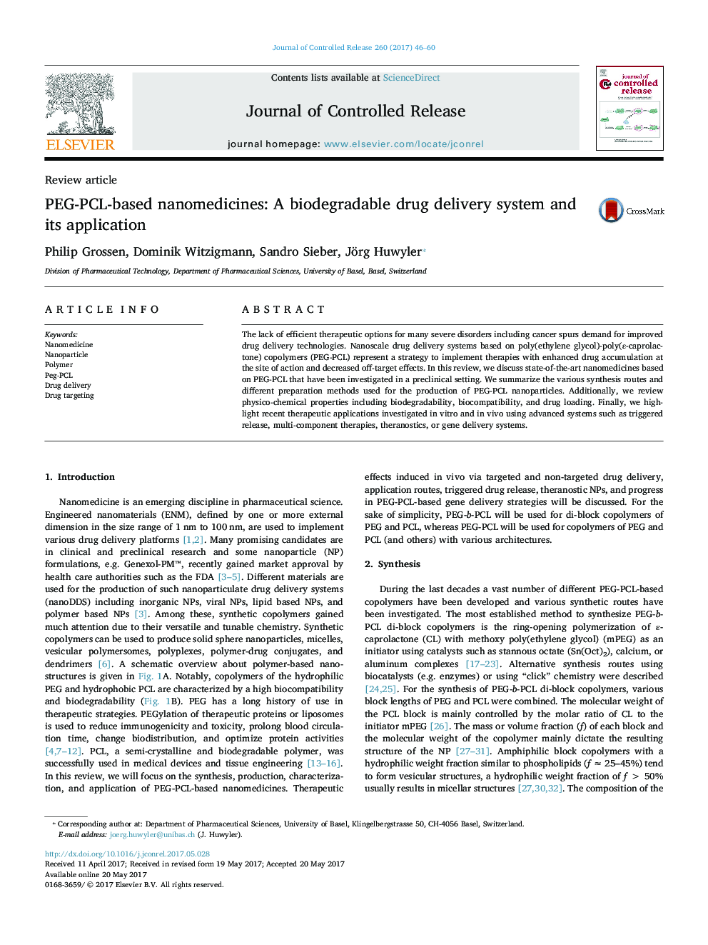 PEG-PCL-based nanomedicines: A biodegradable drug delivery system and its application