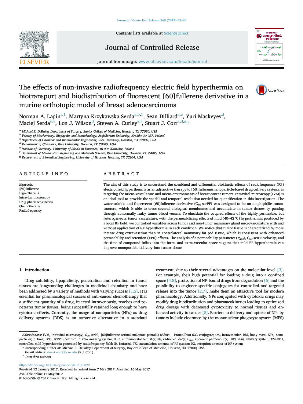 The effects of non-invasive radiofrequency electric field hyperthermia on biotransport and biodistribution of fluorescent [60]fullerene derivative in a murine orthotopic model of breast adenocarcinoma