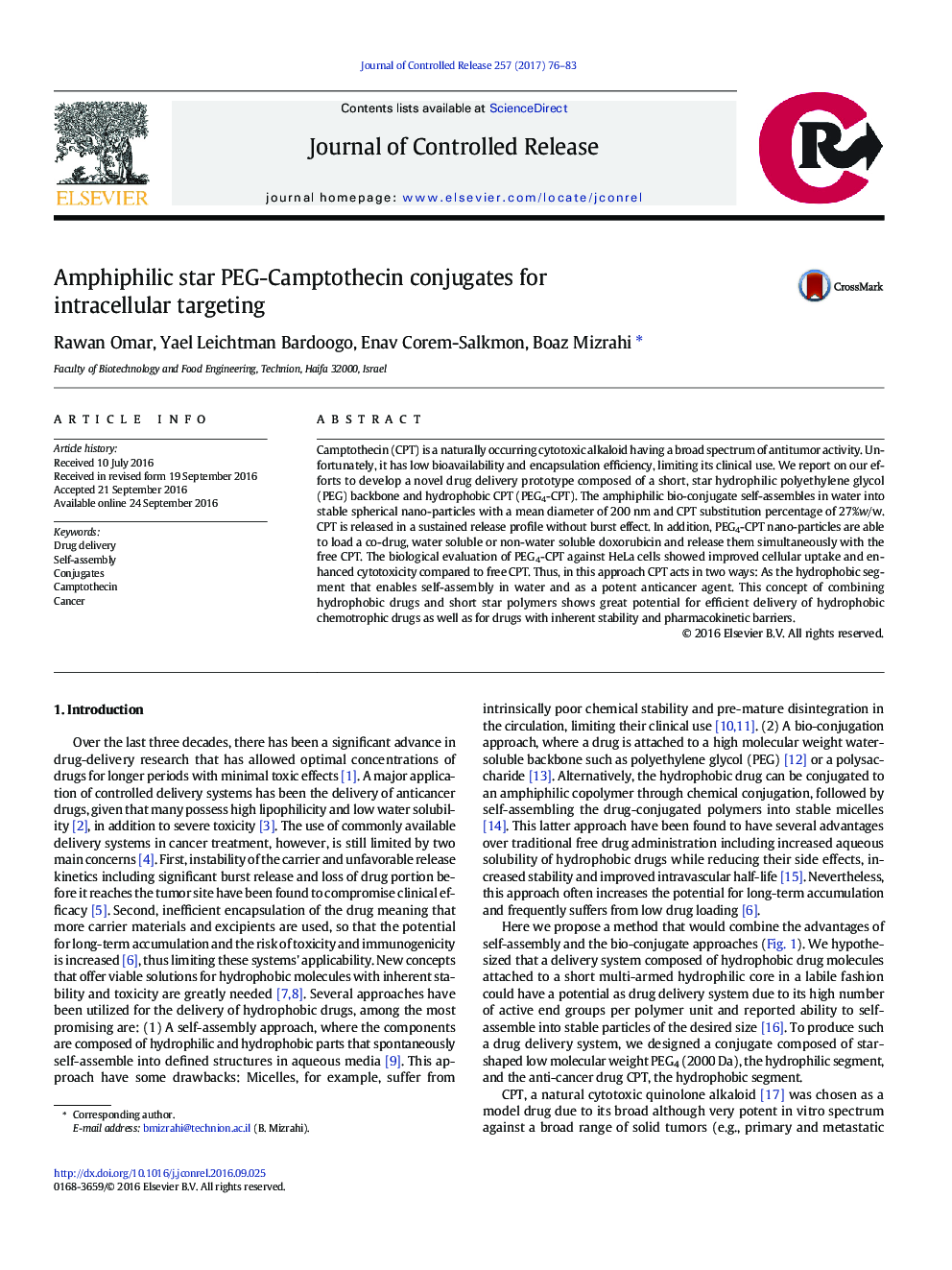 Amphiphilic star PEG-Camptothecin conjugates for intracellular targeting