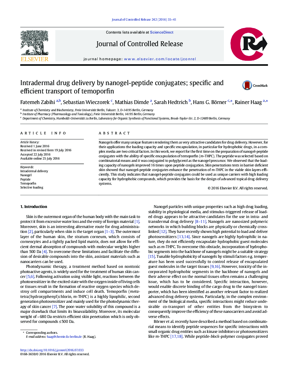 Intradermal drug delivery by nanogel-peptide conjugates; specific and efficient transport of temoporfin