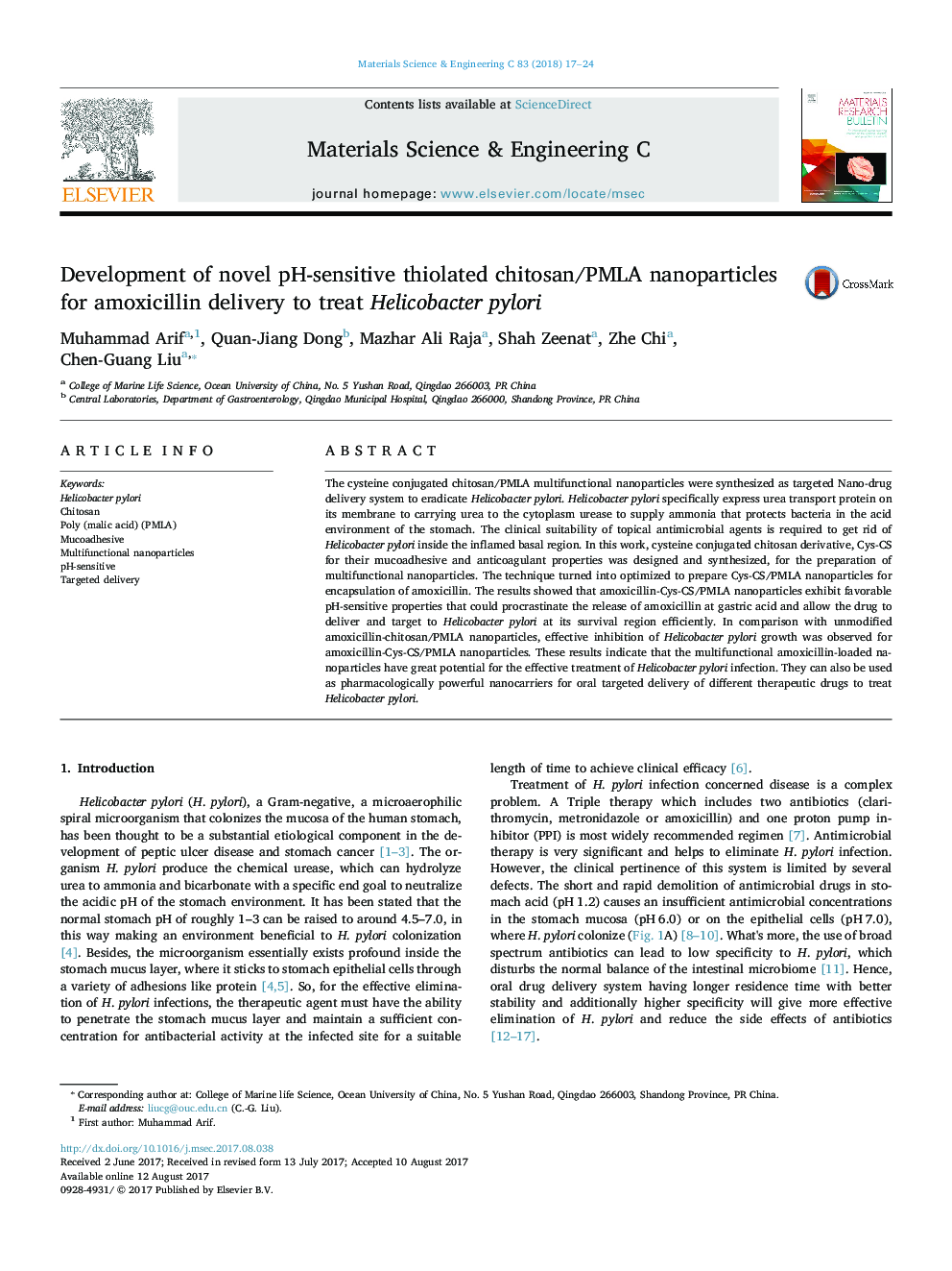 Development of novel pH-sensitive thiolated chitosan/PMLA nanoparticles for amoxicillin delivery to treat Helicobacter pylori