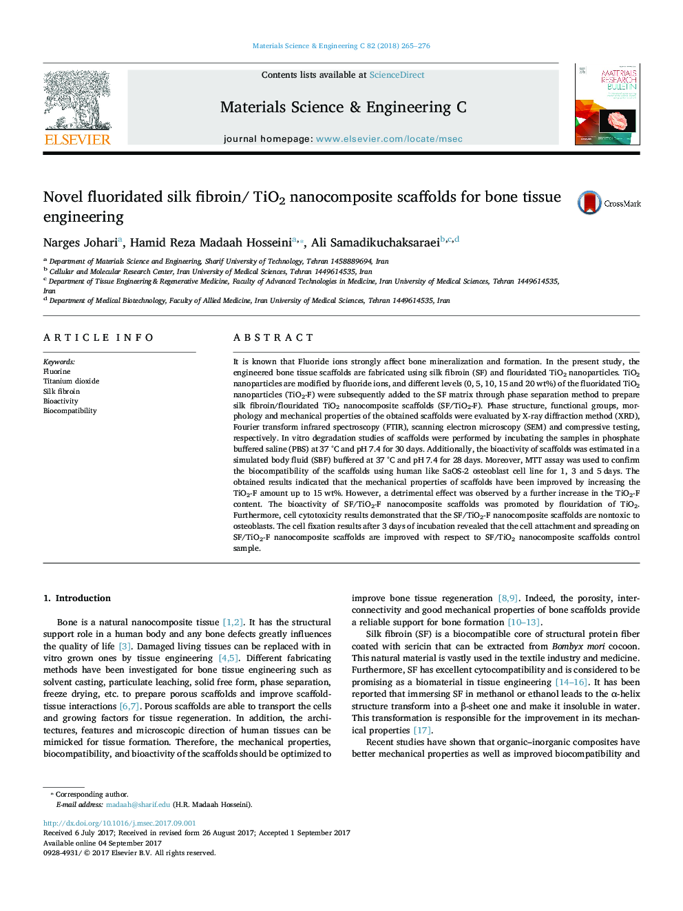 Novel fluoridated silk fibroin/ TiO2 nanocomposite scaffolds for bone tissue engineering