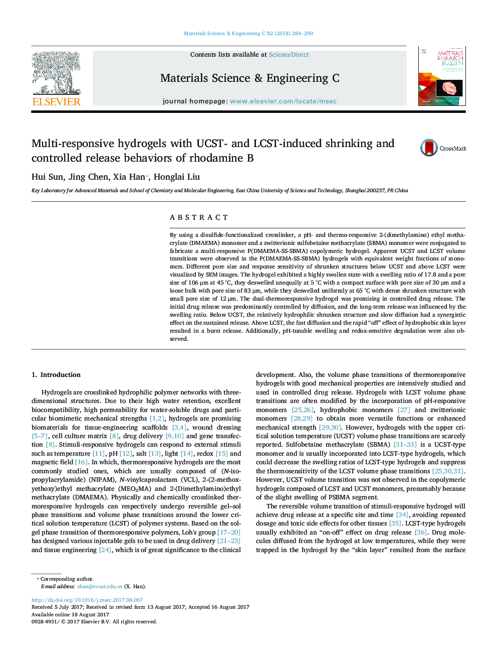 هیدروژل های واکنش پذیر چندگانه با UCST- و LCST-تحریک شده و کاهش رفتار و کنترل آزاد شدن رودامین B