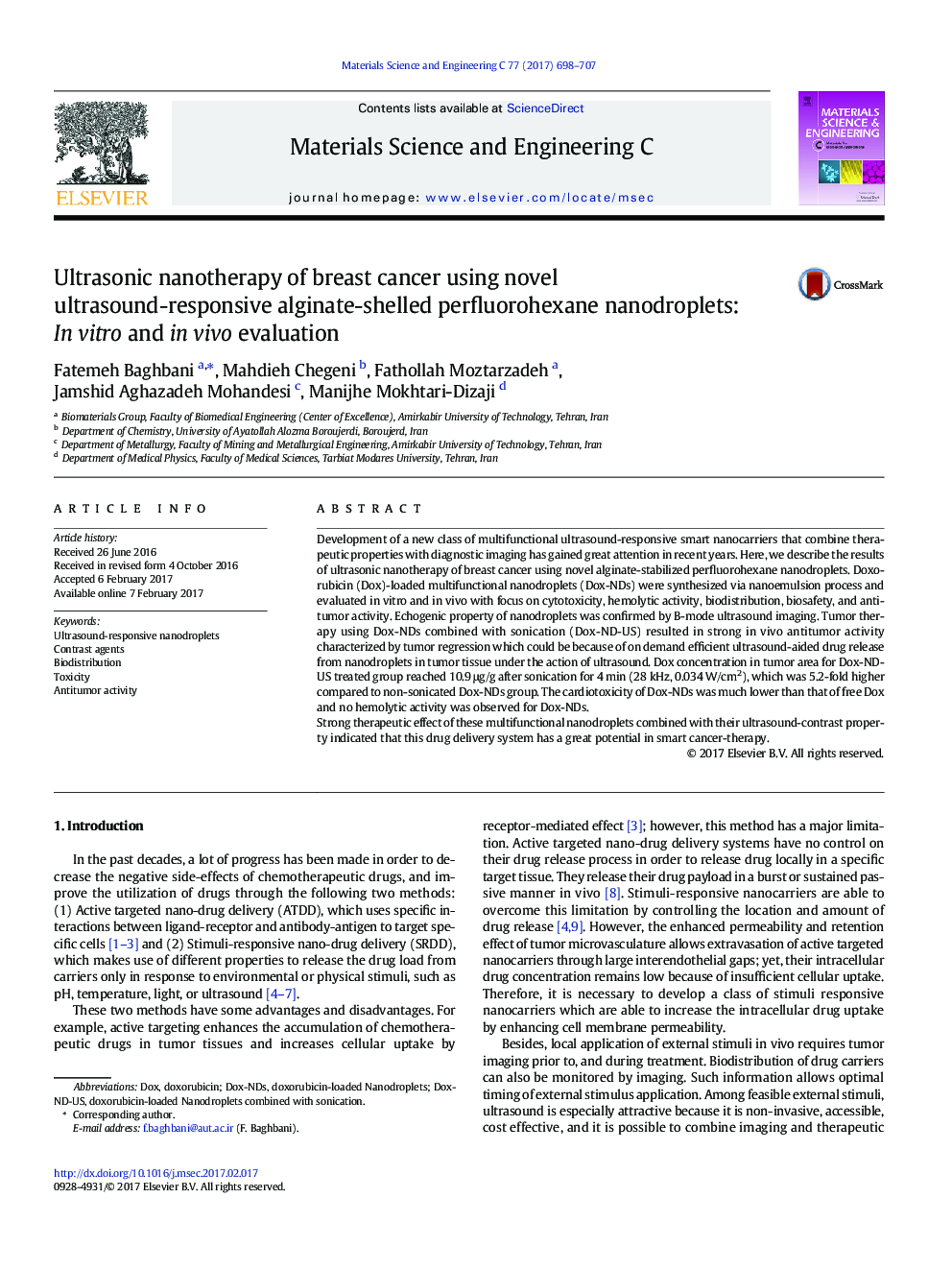 Ultrasonic nanotherapy of breast cancer using novel ultrasound-responsive alginate-shelled perfluorohexane nanodroplets: In vitro and in vivo evaluation