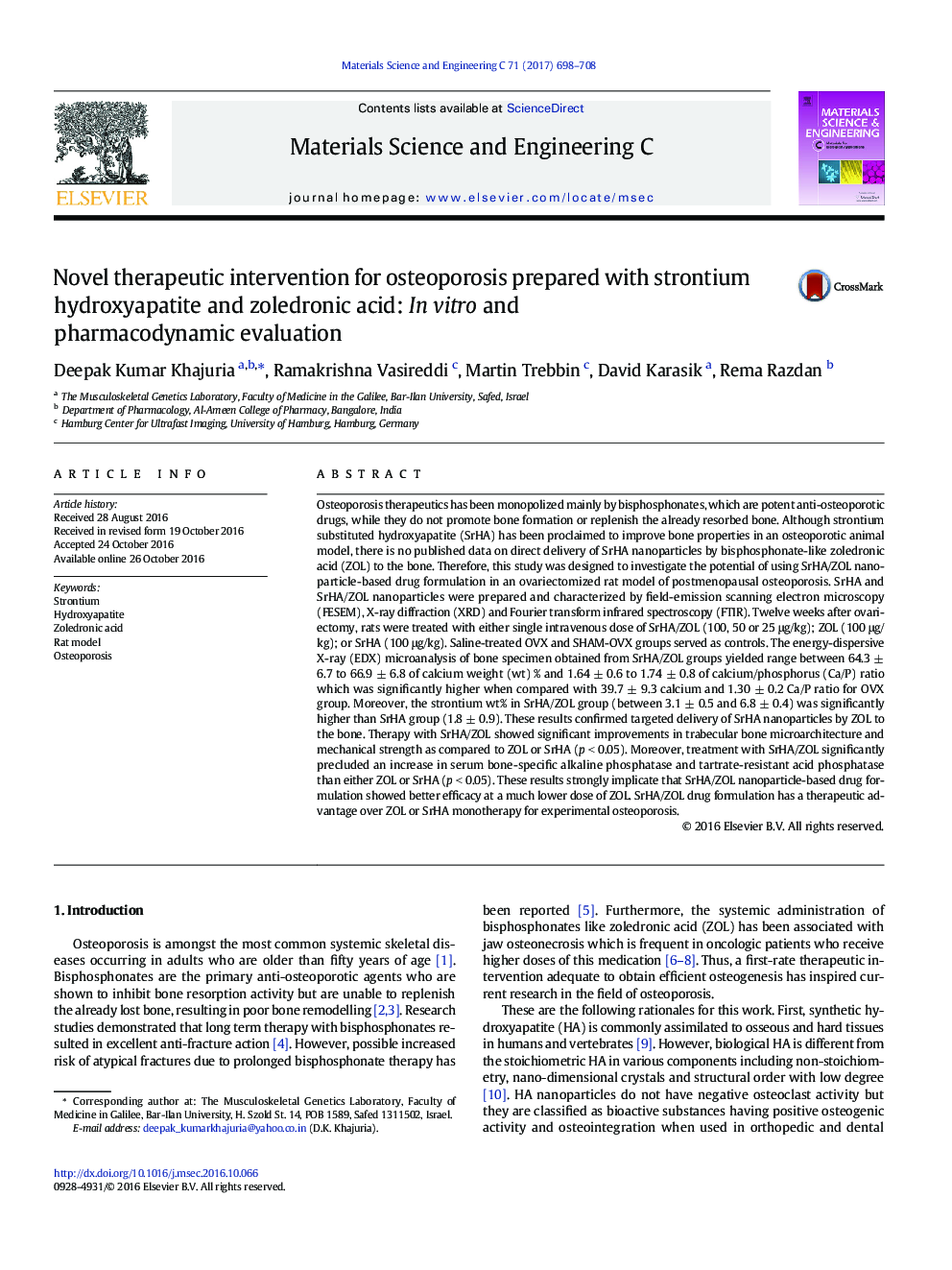 مداخله درمانی روان برای استئوپروز تهیه شده با هیدروکسی آپاتیت استرونتیوم و زولدرونیک اسید: ارزیابی آزمایشگاهی و دارویی 