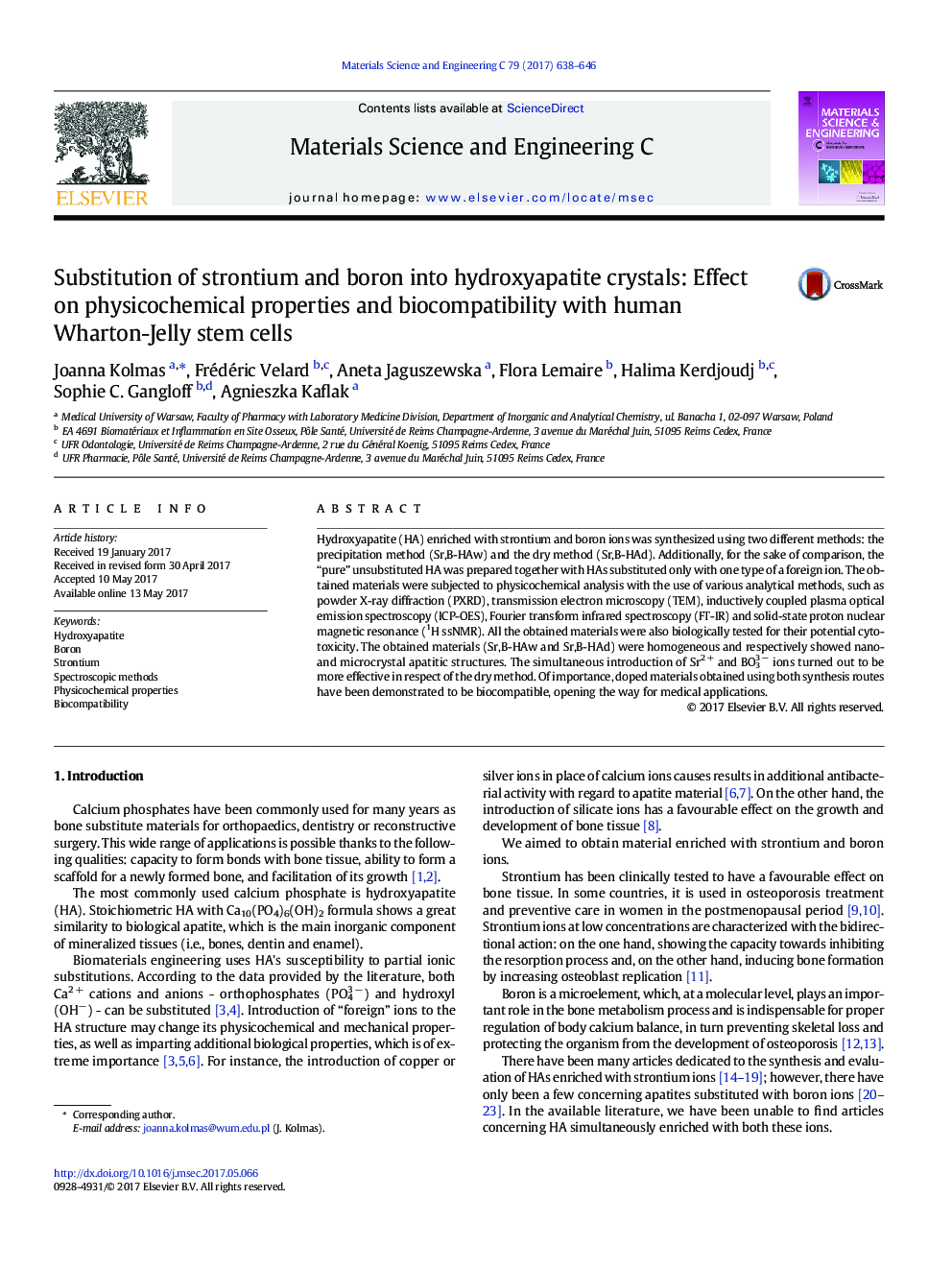 جایگزینی استرانسیم و بور در بلورهای هیدروکسی آپاتیت: تاثیر بر خواص فیزیکوشیمیایی و سازگاری با سلول های بنیادی وارتون ژله انسان 