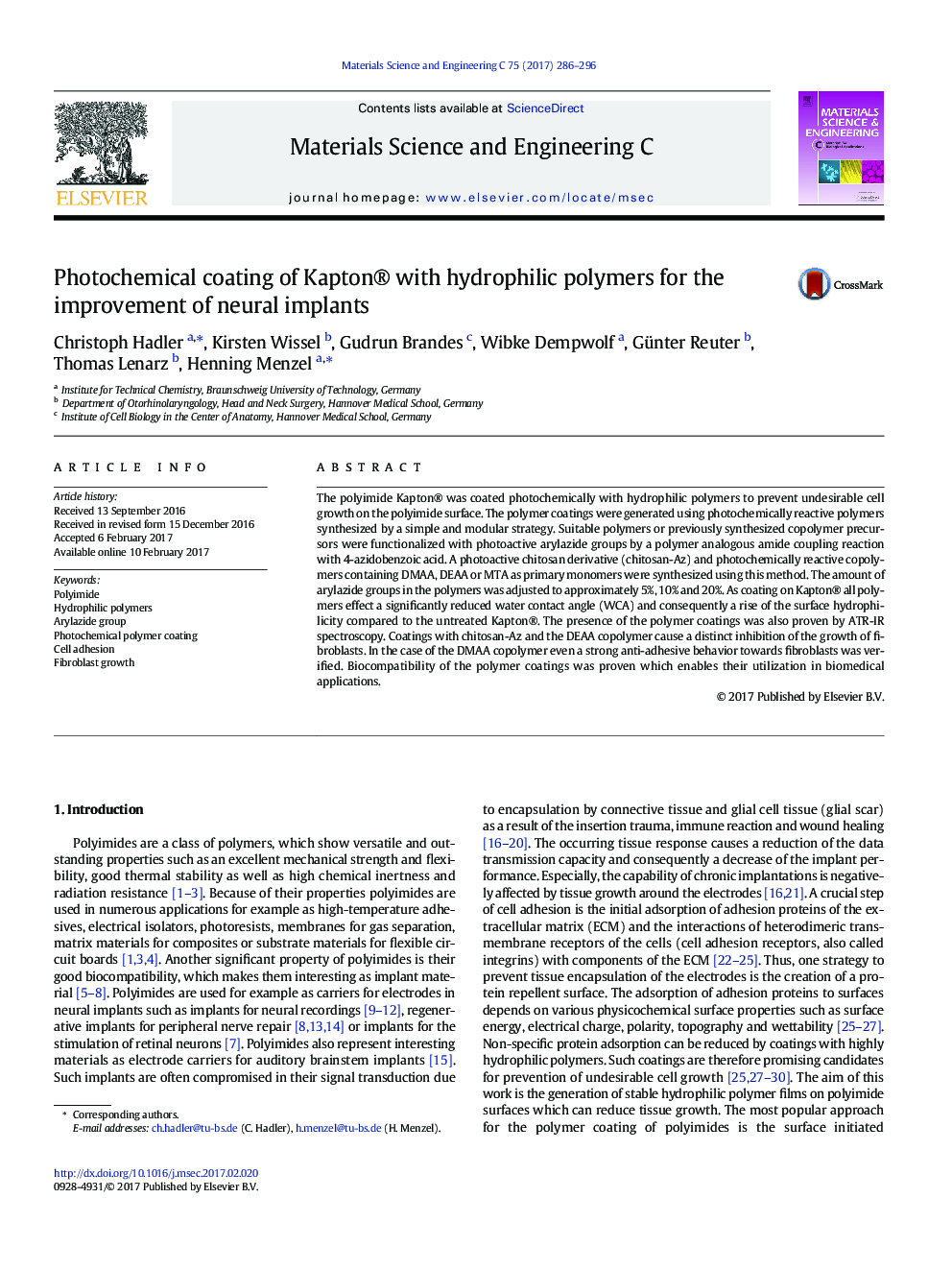 Photochemical coating of Kapton® with hydrophilic polymers for the improvement of neural implants