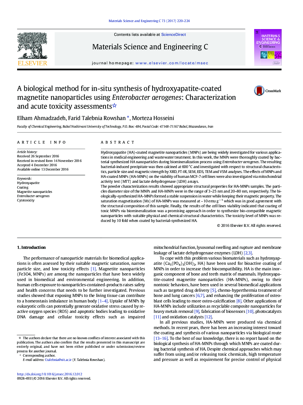 یک روش بیولوژیک برای سنتز موضعی نانوذرات مغناطیسی پوشش داده شده با هیدروکسی آپاتیت با استفاده از Enterobacter aerogenes: ارزیابی و ارزیابی سمیت حاد