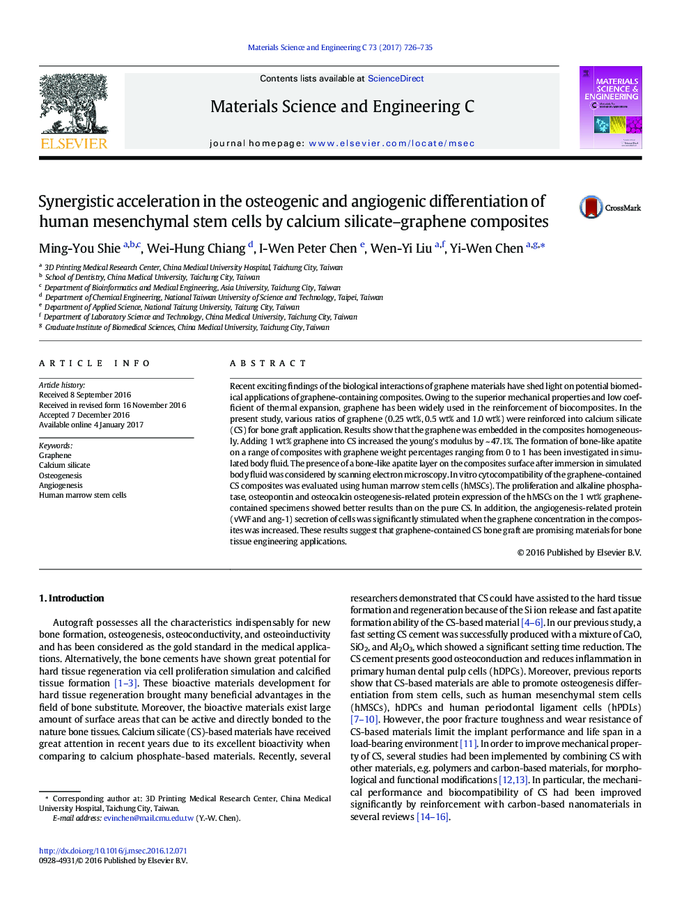 Synergistic acceleration in the osteogenic and angiogenic differentiation of human mesenchymal stem cells by calcium silicate-graphene composites