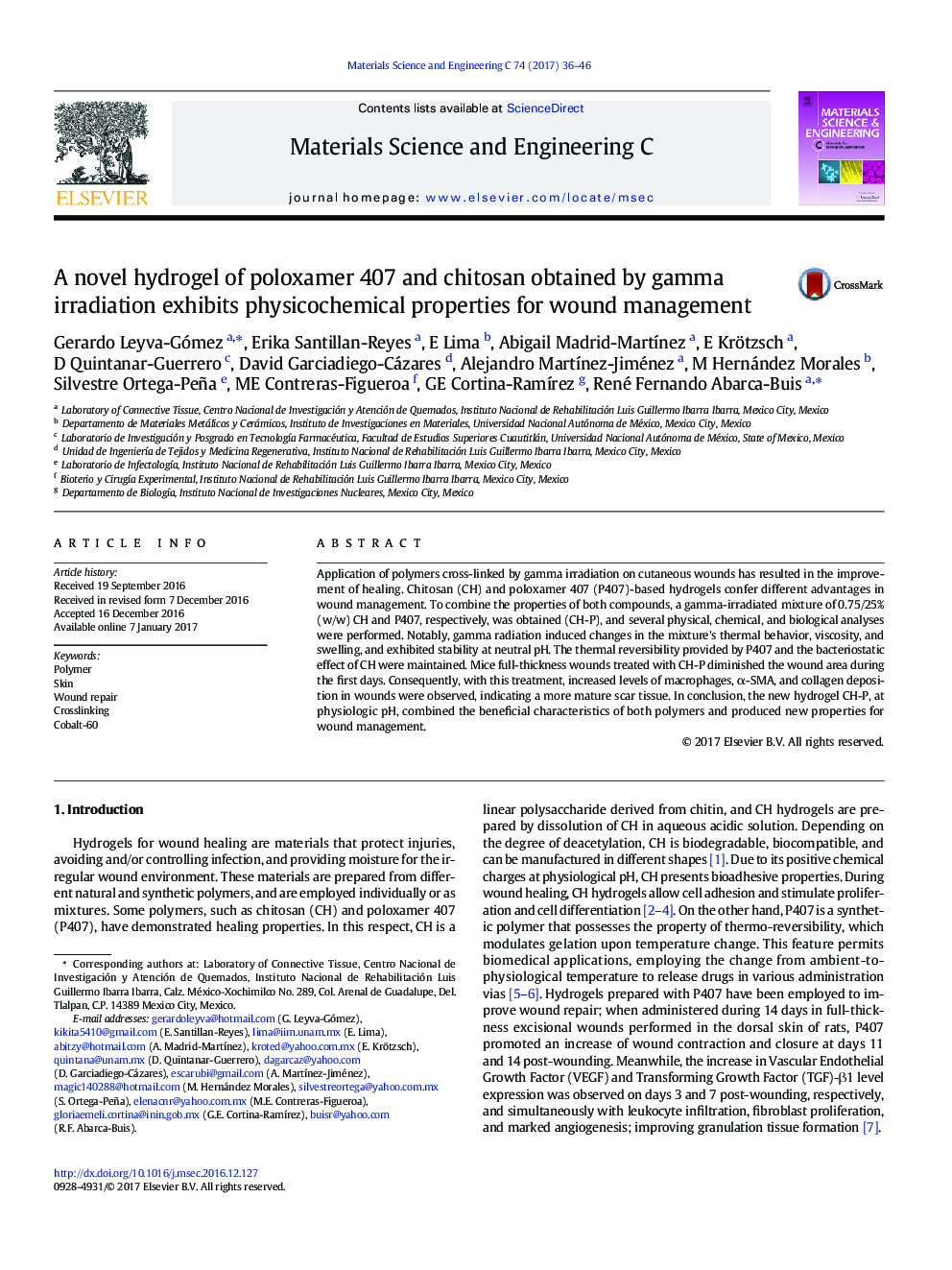 A novel hydrogel of poloxamer 407 and chitosan obtained by gamma irradiation exhibits physicochemical properties for wound management