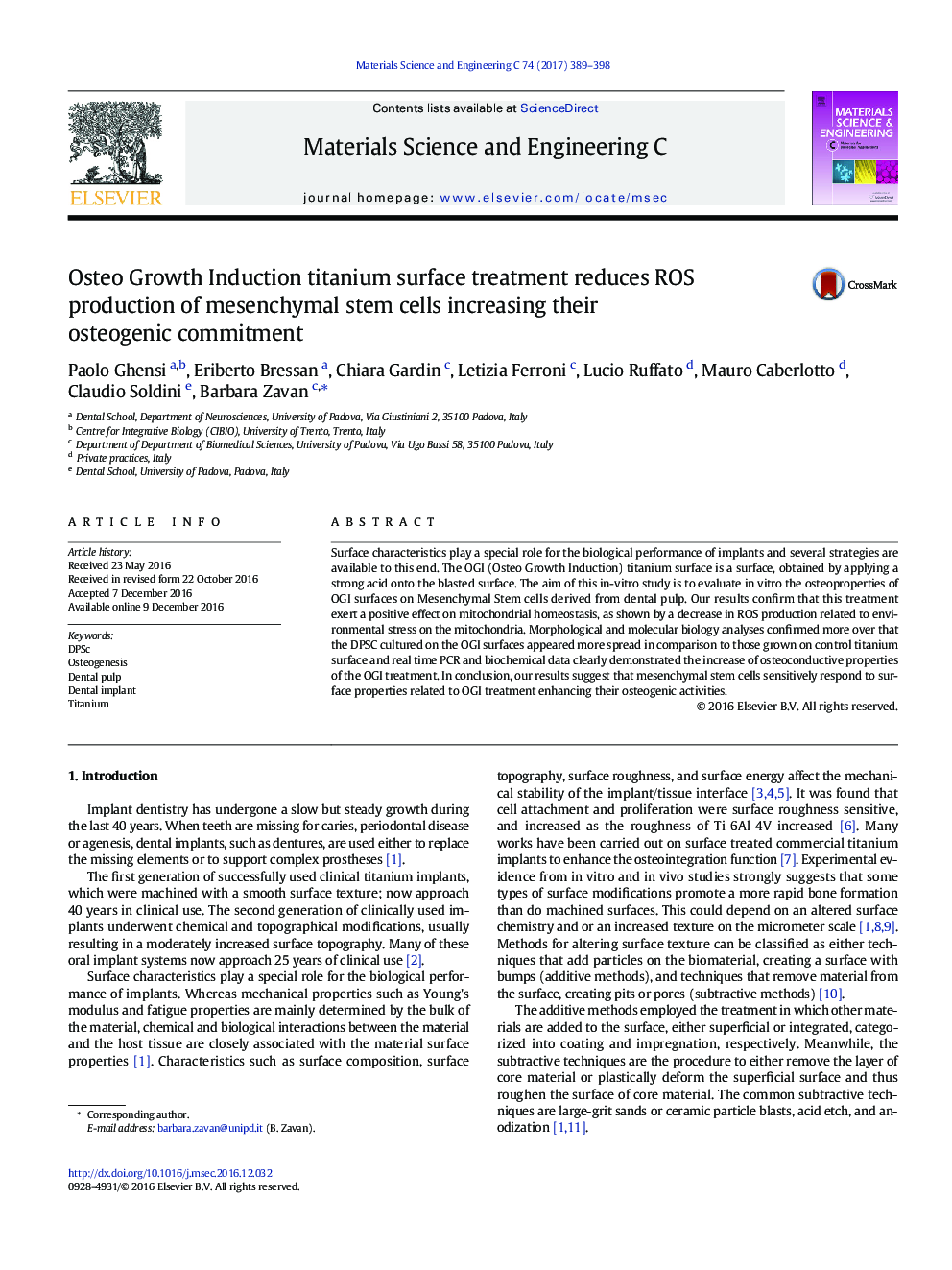 Osteo Growth Induction titanium surface treatment reduces ROS production of mesenchymal stem cells increasing their osteogenic commitment