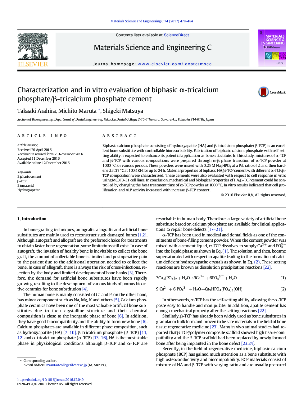 Characterization and in vitro evaluation of biphasic Î±-tricalcium phosphate/Î²-tricalcium phosphate cement