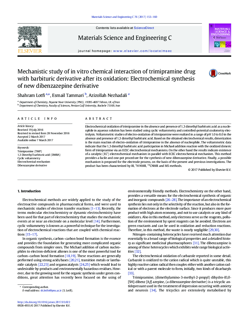 Mechanistic study of in vitro chemical interaction of trimipramine drug with barbituric derivative after its oxidation: Electrochemical synthesis of new dibenzazepine derivative