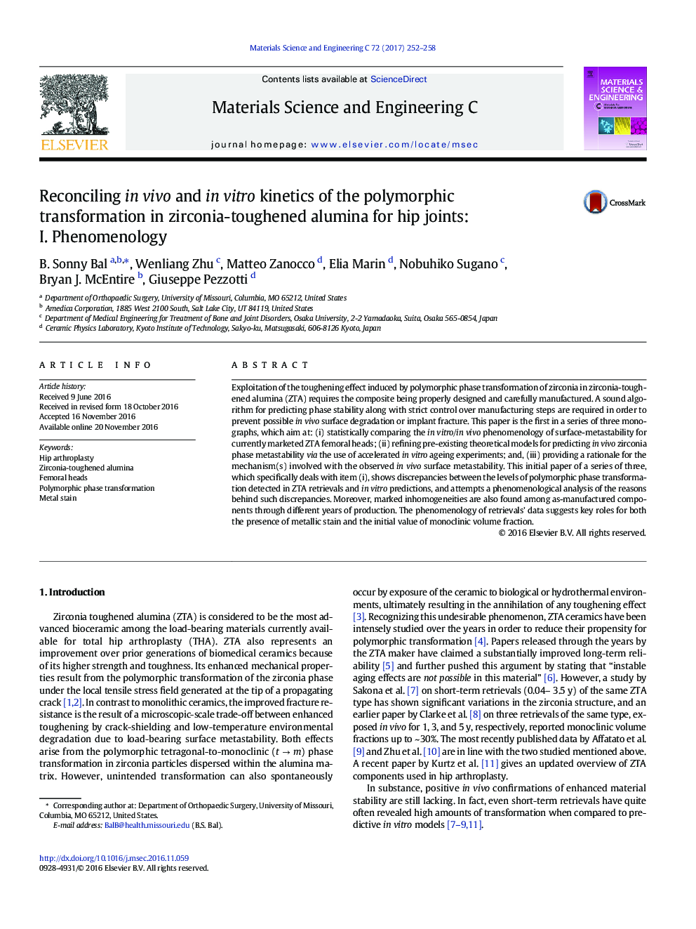 Reconciling in vivo and in vitro kinetics of the polymorphic transformation in zirconia-toughened alumina for hip joints: I. Phenomenology